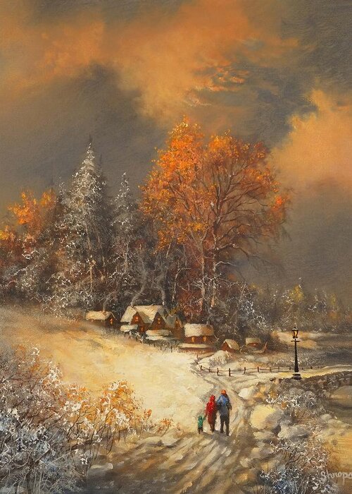 Snow Scene Greeting Card featuring the painting Winter Classic by Tom Shropshire