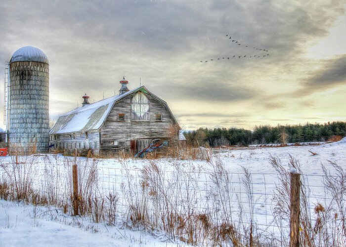 Barn Greeting Card featuring the digital art Winter Days in Vermont by Sharon Batdorf