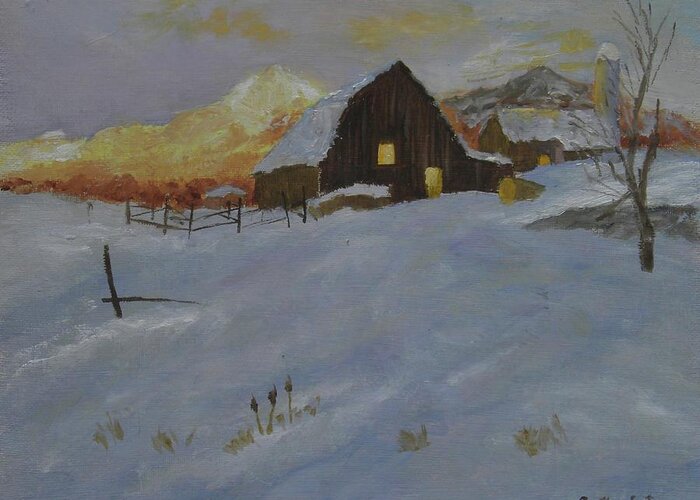 Landscape Snow Farm Mountain Sunset Dusk Greeting Card featuring the painting Winter Dusk on the Farm by Scott W White