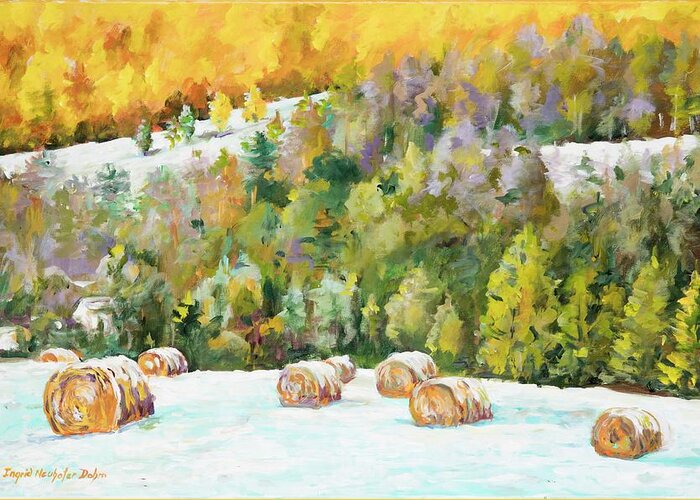 Landscape Greeting Card featuring the painting Winter Hayfield by Ingrid Dohm