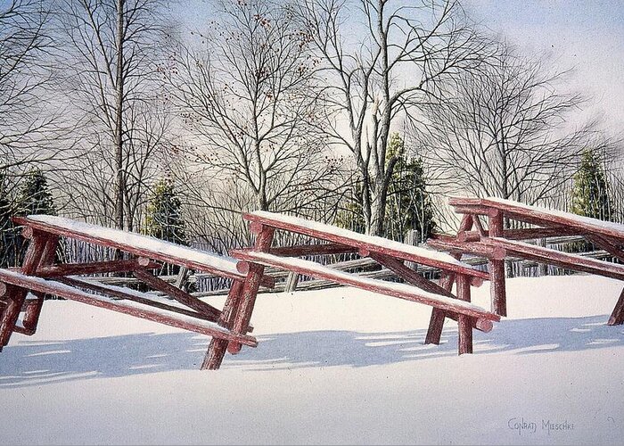 Park- Benches Greeting Card featuring the painting Winter in the Park by Conrad Mieschke