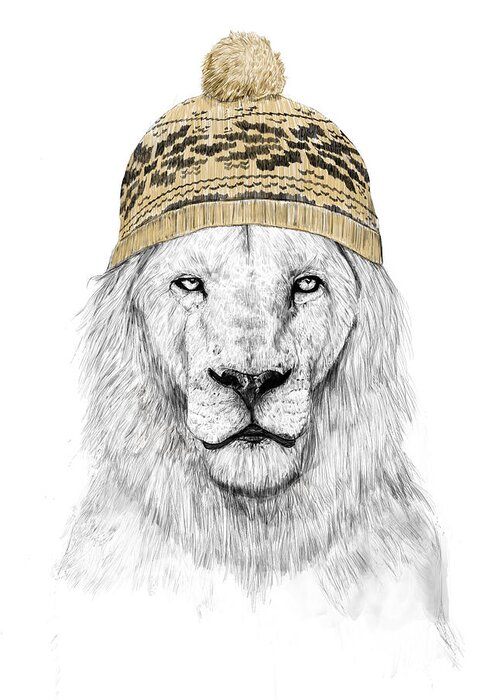 Lion Greeting Card featuring the drawing Winter lion by Balazs Solti