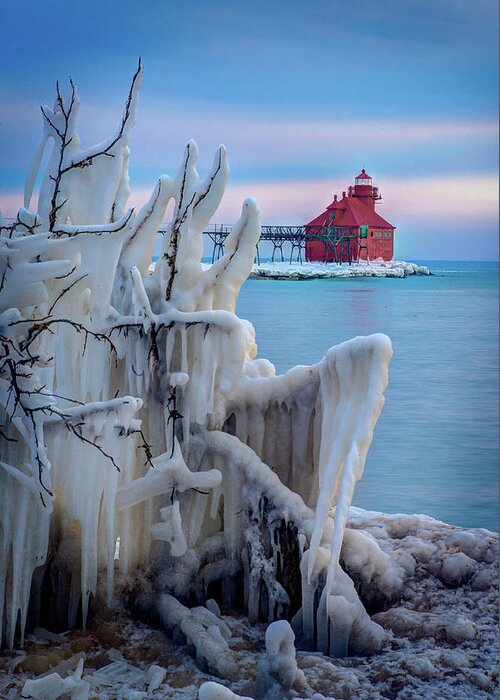 #wisconsin #outdoor #fineart #landscape #photograph #wisconsinbeauty #doorcounty #doorcountybeauty #sony #canonfdglass #beautyofnature #history #metalman #passionformonotone #homeandofficedecor #streamingmedia #lighthouse #sunset #icecovered #encrusted #lakemichigan #catwalk Clouds #shipping #calm Greeting Card featuring the photograph Winter Lighthouse by David Heilman
