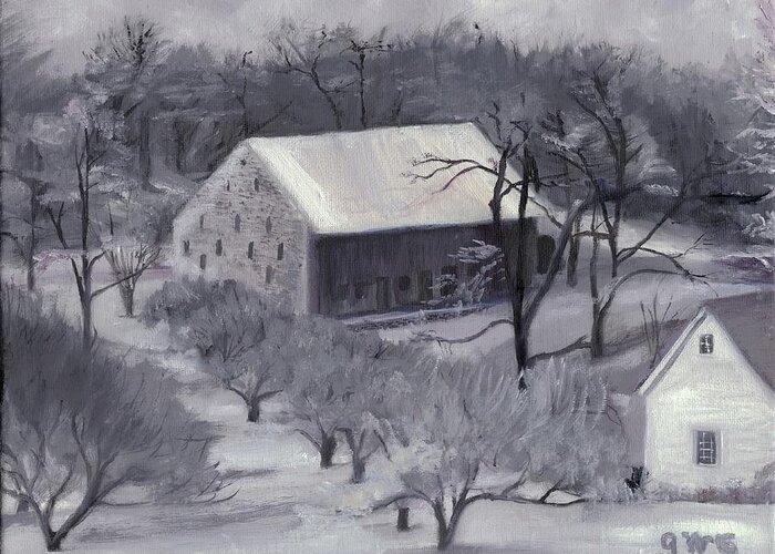 Barn Greeting Card featuring the painting Winter Orchard by Gloria Condon
