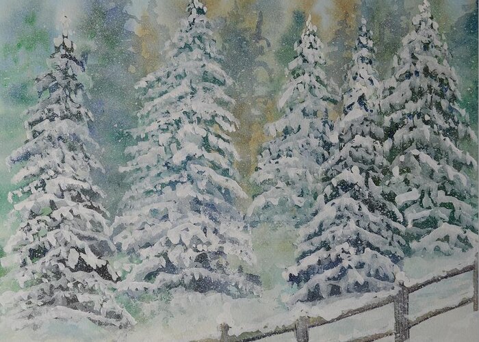 Landscape Greeting Card featuring the painting Winter Pines by Kellie Chasse