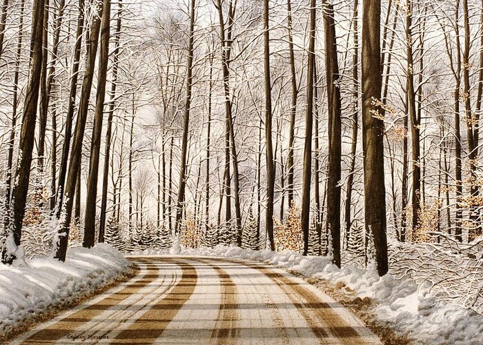 Road Greeting Card featuring the painting Winter Road through the Forest by Conrad Mieschke