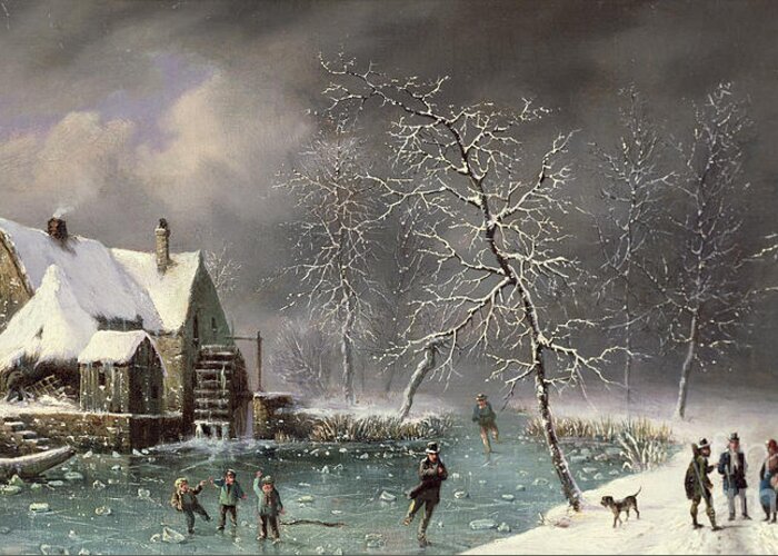 Winter Scene By Louis Claude Mallebranche Greeting Card featuring the painting Winter Scene by Louis Claude Mallebranche