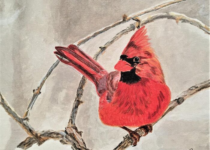 Cardinal Greeting Card featuring the painting Winter Sentinal by Sonja Jones