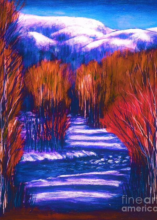 #art #artist #beautiful #colorful #fall #fineart #forest #greenliving #iloveart #interiordesign #landscape #luxuryart #mood #mountains #nature #natureaddict #newartwork #painting #river #snow #trees #winter #winterwonderland Greeting Card featuring the painting Winter Shadows by Allison Constantino