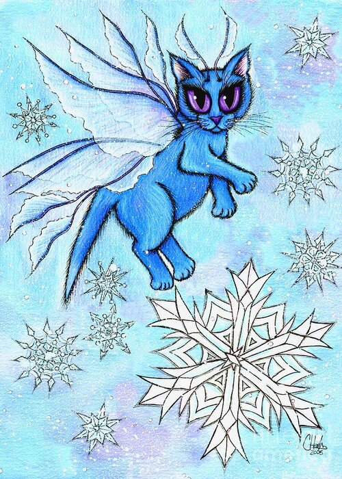 Winter Greeting Card featuring the painting Winter Snowflake Fairy Cat by Carrie Hawks