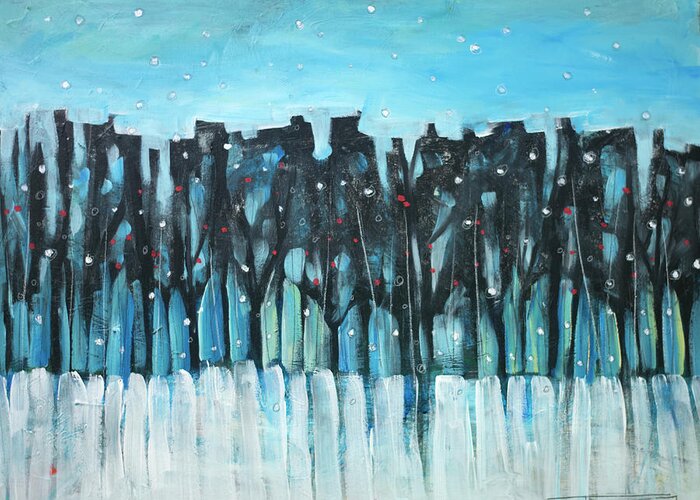 Winter Greeting Card featuring the painting Winter Treeline with Berries by Tim Nyberg
