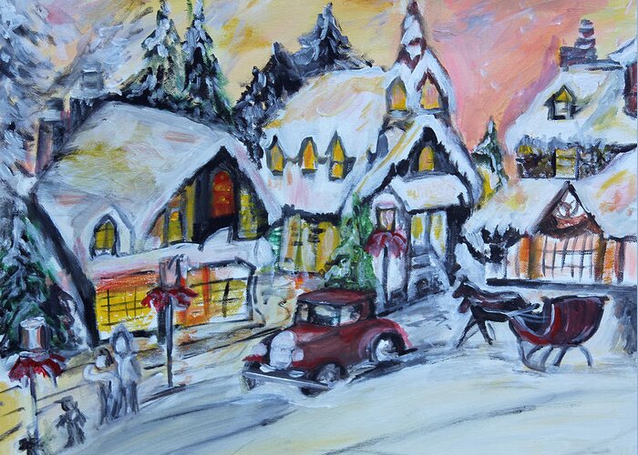 Snowy Greeting Card featuring the painting Winter Village Scene by Denice Palanuk Wilson