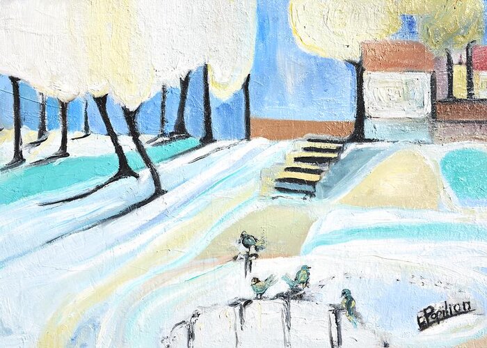 Abstract Greeting Card featuring the painting Winterland by Evelina Popilian