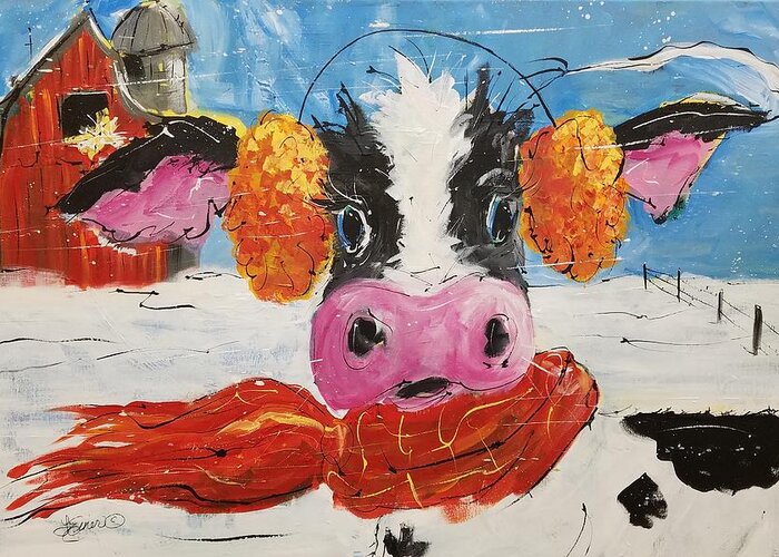Cow Greeting Card featuring the painting Wis-cow-sin Winter by Terri Einer
