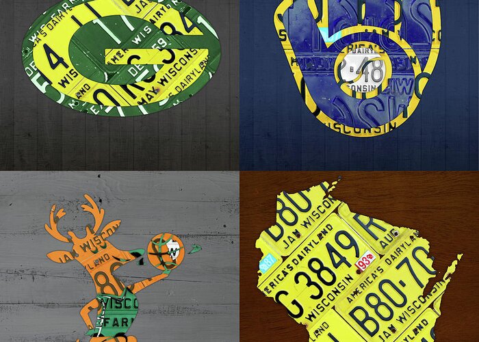 Wisconsin Greeting Card featuring the mixed media Wisconsin Sports Team License Plate Art Milwaukee Green Bay Plus Map Brewers Bucks Packers by Design Turnpike