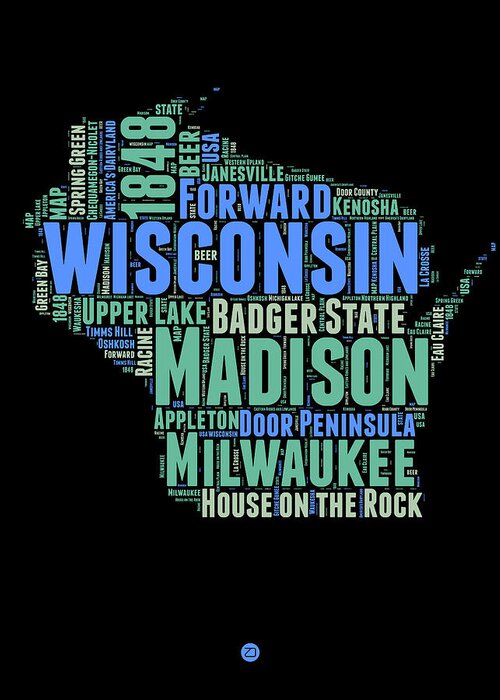Wisconsin Greeting Card featuring the digital art Wisconsin Word Cloud Map 1 by Naxart Studio