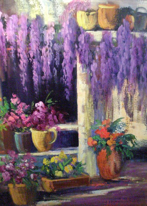 Flowers Greeting Card featuring the painting Wisteria Blooms by Sally Seago