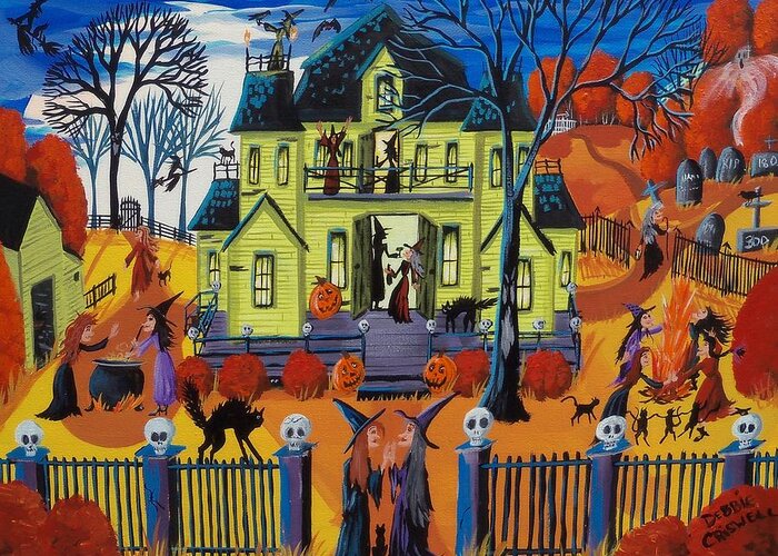Halloween Greeting Card featuring the painting Witch Haven - house of witches by Debbie Criswell
