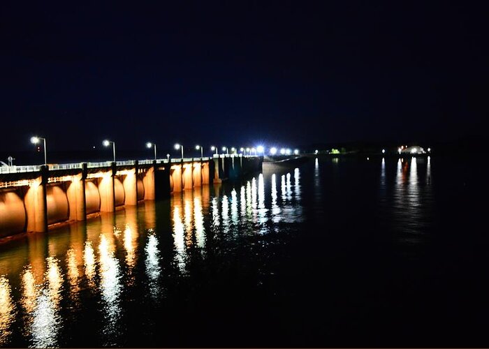 Nighttime Greeting Card featuring the photograph Wolf Creek Dam Nightlights Reflection by Stacie Siemsen