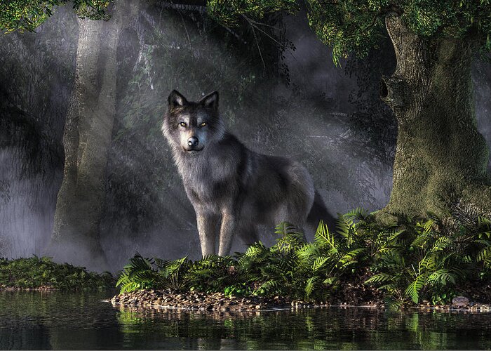 Spirit Of The Forest Greeting Card featuring the digital art Wolf in the Forest by Daniel Eskridge
