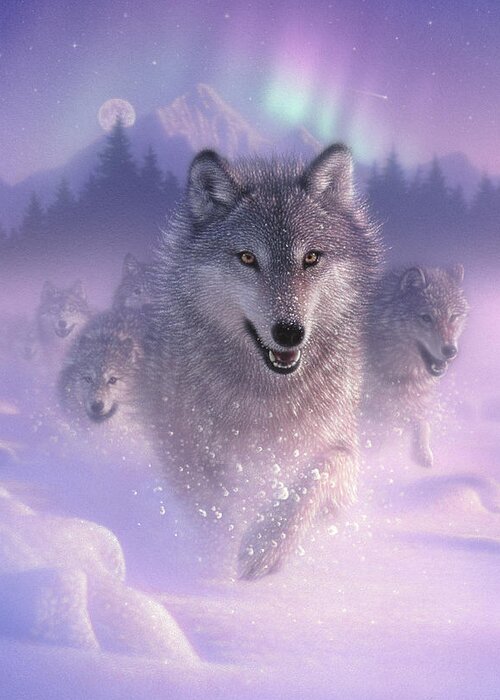 Wolf Art Greeting Card featuring the painting Wolf Pack Running - Northern Lights by Collin Bogle
