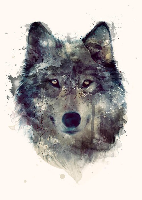 Wolf Portrait Blue Nature Animals Animal Wildlife Wild Wilderness Fauna Forest Woodland Creature Illustration Drawing Painting Art Artwork Amy Hamilton Greeting Card featuring the painting Wolf // Persevere by Amy Hamilton