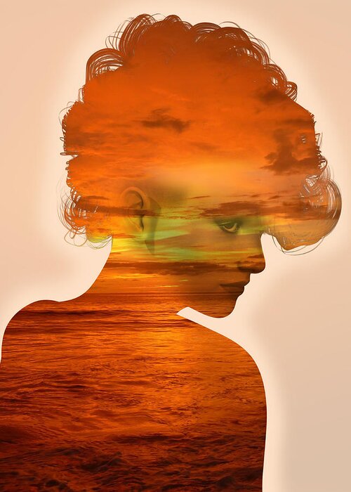 Portrait Greeting Card featuring the digital art Woman and a Sunset by Anthony Murphy