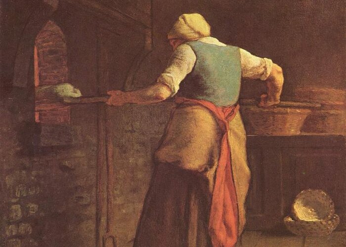 Woman Baking Bread - Jean-francois Millet Greeting Card featuring the painting Woman baking bread by MotionAge Designs