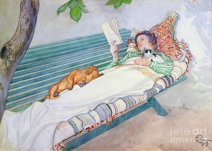 Woman Greeting Card featuring the painting Woman Lying on a Bench by Carl Larsson