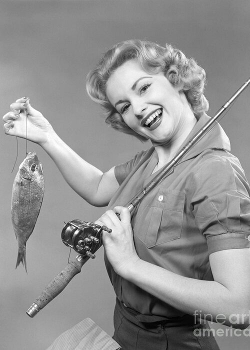 1950s Greeting Card featuring the photograph Woman Smiling With Fish, C.1950s by H. Armstrong Roberts/ClassicStock