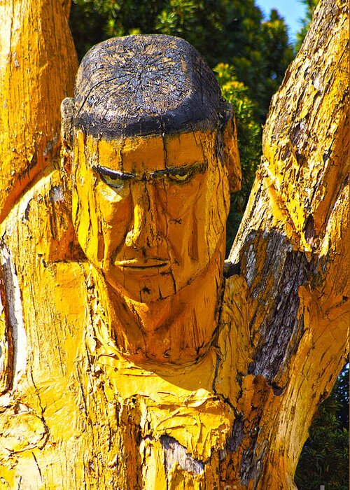 Wood Greeting Card featuring the photograph Wood sculpture in a garden by Eva-Maria Di Bella