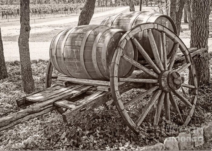 Wooden Wine Barrels Greeting Card featuring the photograph Wooden wine barrels on cart by Imagery by Charly