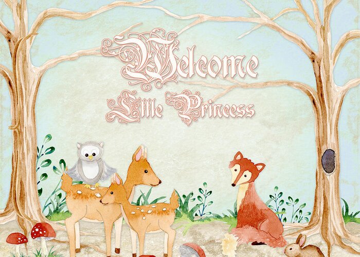 Woodchuck Greeting Card featuring the painting Woodland Fairy Tale - Welcome Little Princess by Audrey Jeanne Roberts