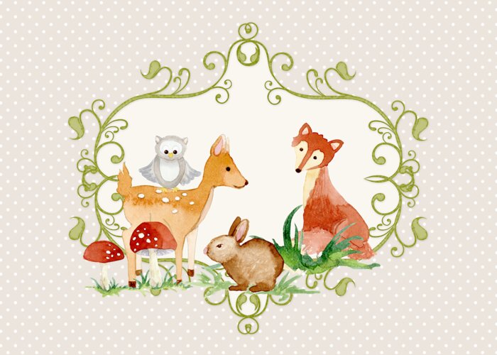 Grey Greeting Card featuring the painting Woodland Fairytale - Grey Animals Deer Owl Fox Bunny n Mushrooms by Audrey Jeanne Roberts
