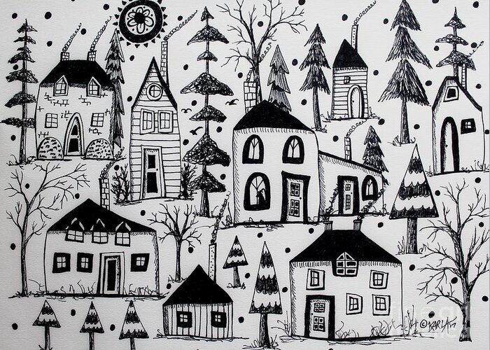 Houses Drawing Greeting Card featuring the drawing Woodsy Village by Karla Gerard