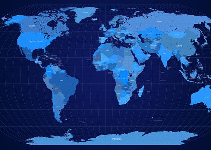 Map Greeting Card featuring the digital art World Map in Blue by Michael Tompsett