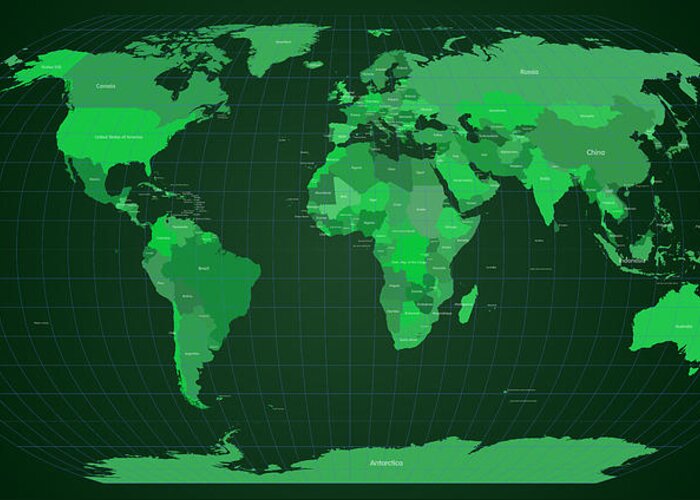 Map Greeting Card featuring the digital art World Map in Green by Michael Tompsett