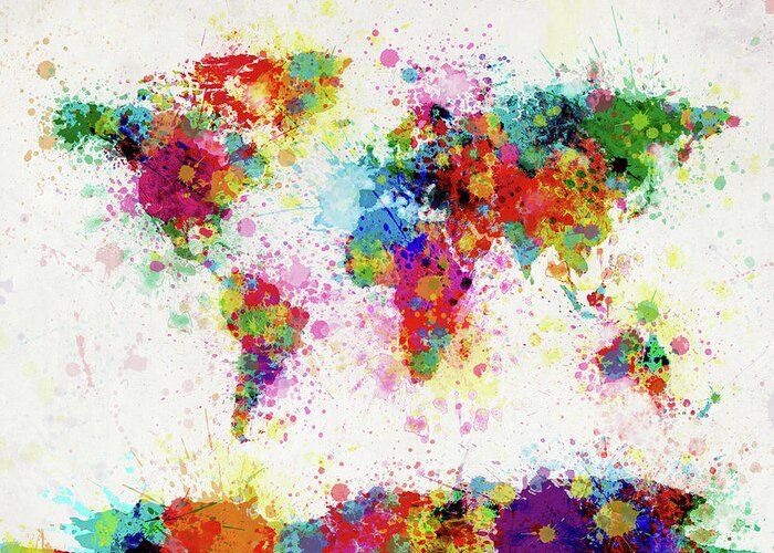 World Map Paint Splashes Greeting Card featuring the digital art World Map Paint Drop by Michael Tompsett