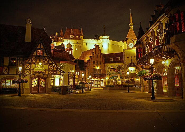 Walt Disney World Epcot World Showcase Germany Pavillion Night Time Greeting Card featuring the photograph World Showcase - Germany Pavillion by AK Photography