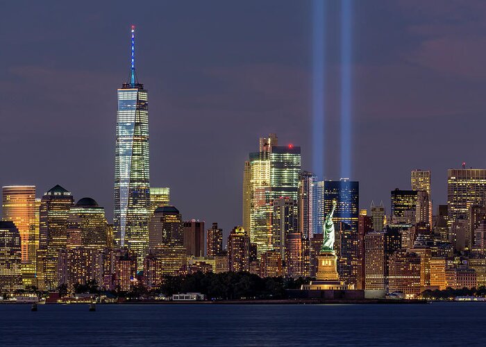 September 11 Greeting Card featuring the photograph World Trade Center WTC Tribute In Light Memorial by Susan Candelario