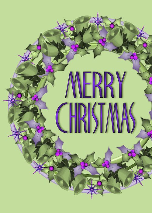 Merry Greeting Card featuring the digital art Wreath of Bells and Holly by Tara Hutton