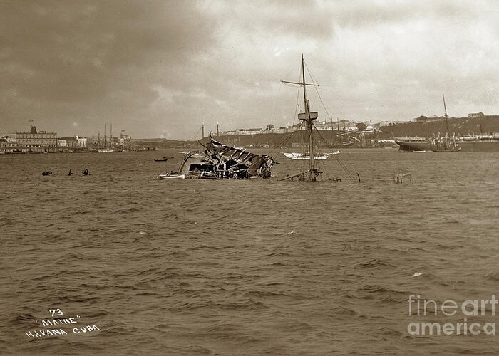 Wreckage Greeting Card featuring the photograph Wreckage of the USS Maine in Havana harbor, Cuba, which was sunk in 1898 by Monterey County Historical Society
