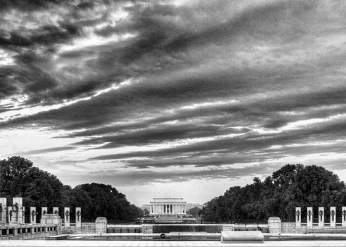 Wwii Ww Ii 2 World War Memorial Lincoln Washington Dc National Mall Black And White Greeting Card featuring the photograph WW TWO Memorial by JC Findley