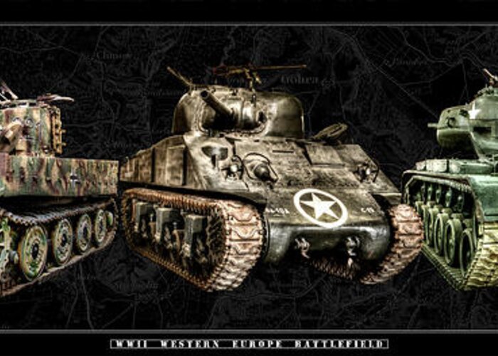 M4 Greeting Card featuring the photograph WWII Western Europe Battlefield Tanks by Weston Westmoreland