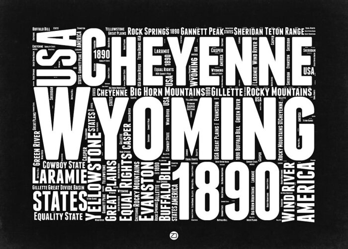  Greeting Card featuring the digital art Wyoming Black and white Word Cloud Map by Naxart Studio