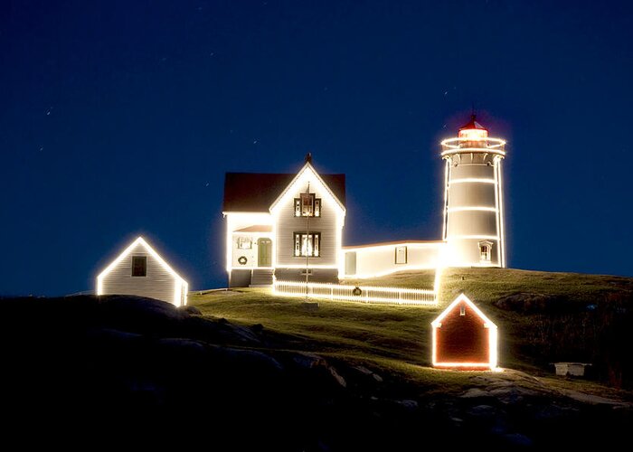 Lighthouse Greeting Card featuring the photograph X-mas Nubble by Greg Fortier