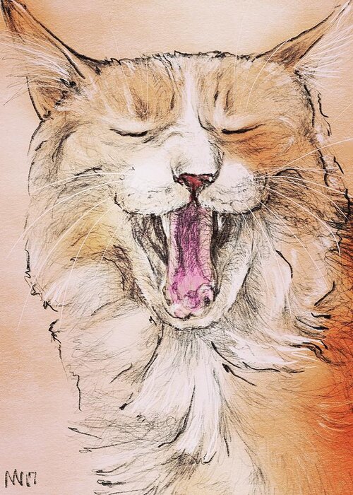 Cat Greeting Card featuring the digital art Yawning Ginger Cat by AnneMarie Welsh