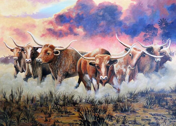 Longhorns Greeting Card featuring the painting Yee Haw by Anne Gardner