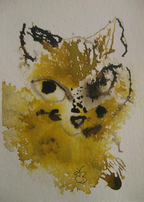 Yellow Greeting Card featuring the drawing Yellow And Brown Cat by AJ Brown