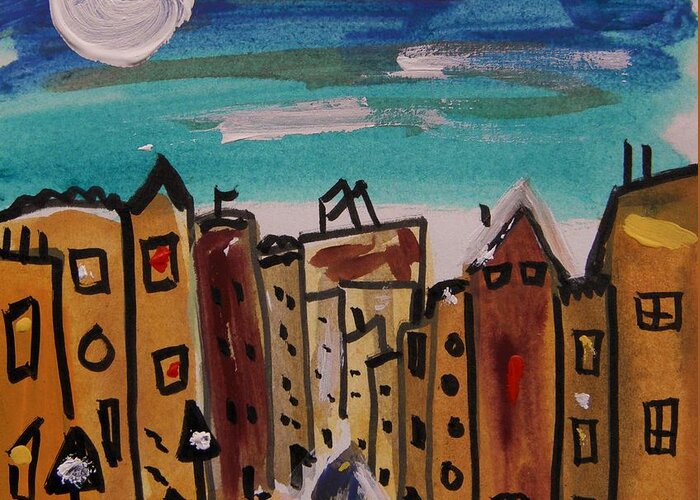 City Greeting Card featuring the painting Yellow Buildings by Mary Carol Williams